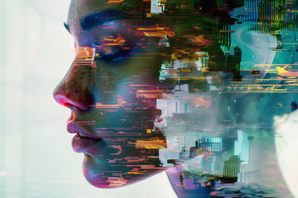A womans face set against a futuristic background, characterized by glitch effects and pixelation representing cognitive distortions