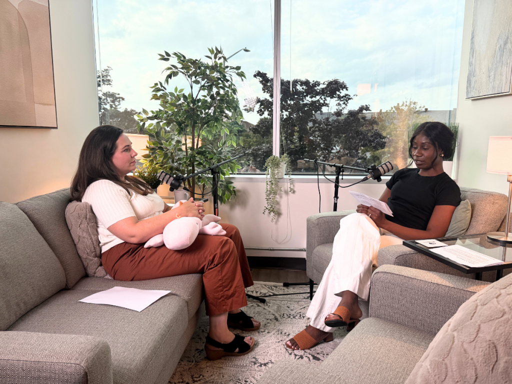 MindSpa Podcast hosts Tina Wilston and Michelle Massunken discussing OCD, ADHD, sleep, and boundaries at the Ottawa studio